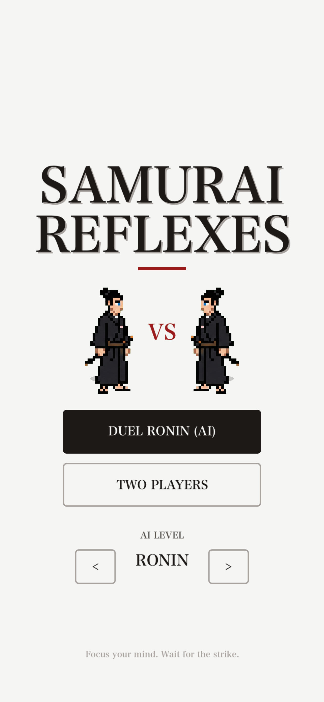 Main menu showing samurai VS ronin opponent